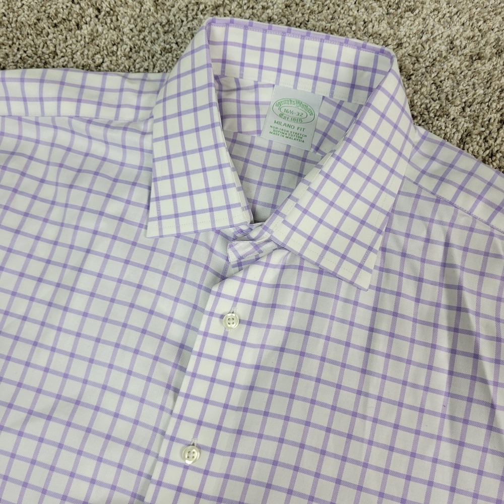 Brooks Brothers Milano Fit Mens 16.5-32 White Purple Check Button Up French Cuff
